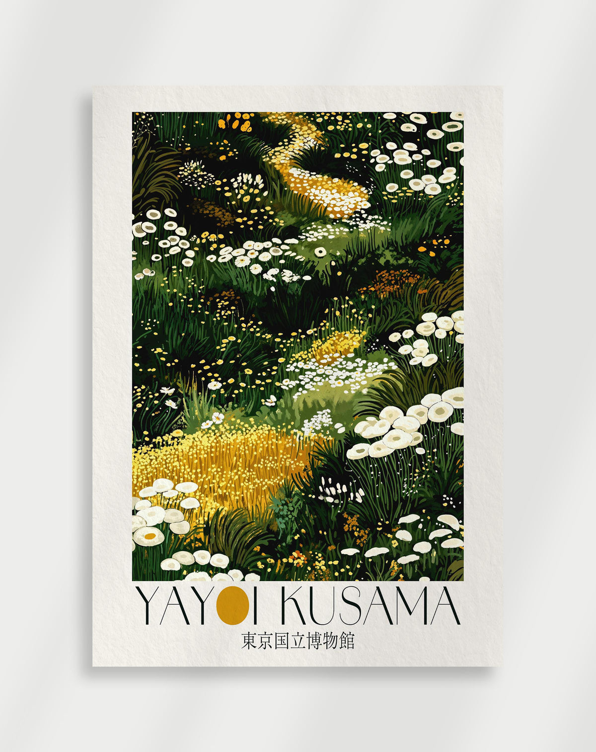 Yayoi Kusama meadow poster with green grass, yellow flowers and white daisies