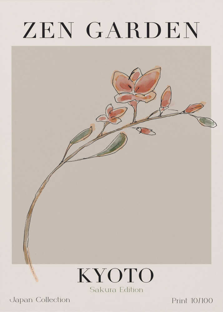 Zen Garden Kyoto poster with a single pink flowering branch on grey