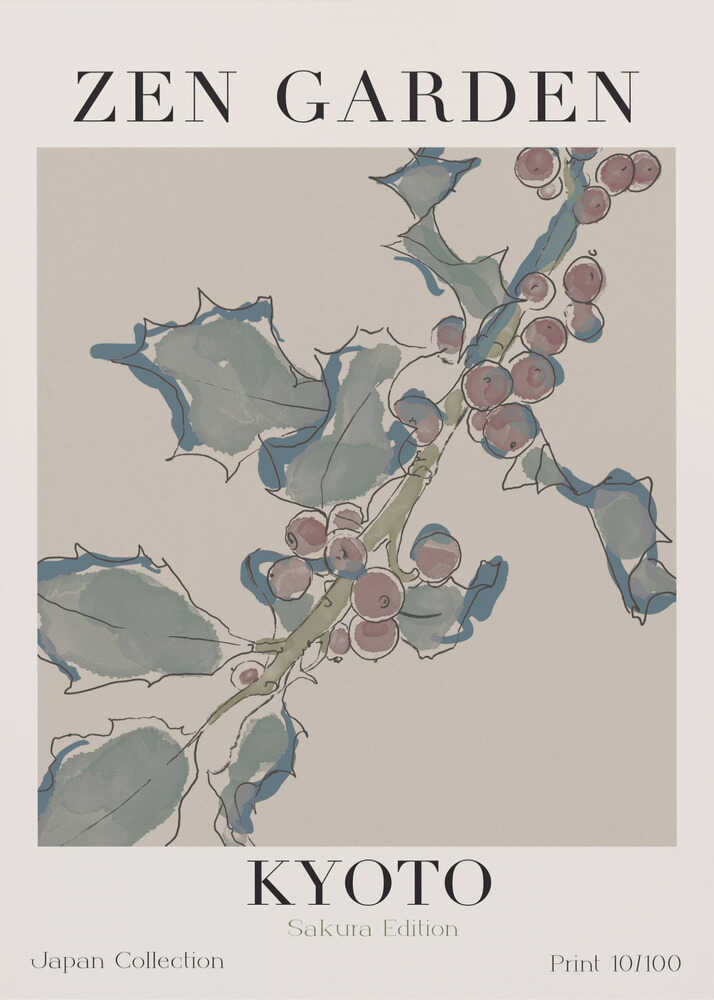 Zen Garden Kyoto poster with blue-green leaves and pink berries
