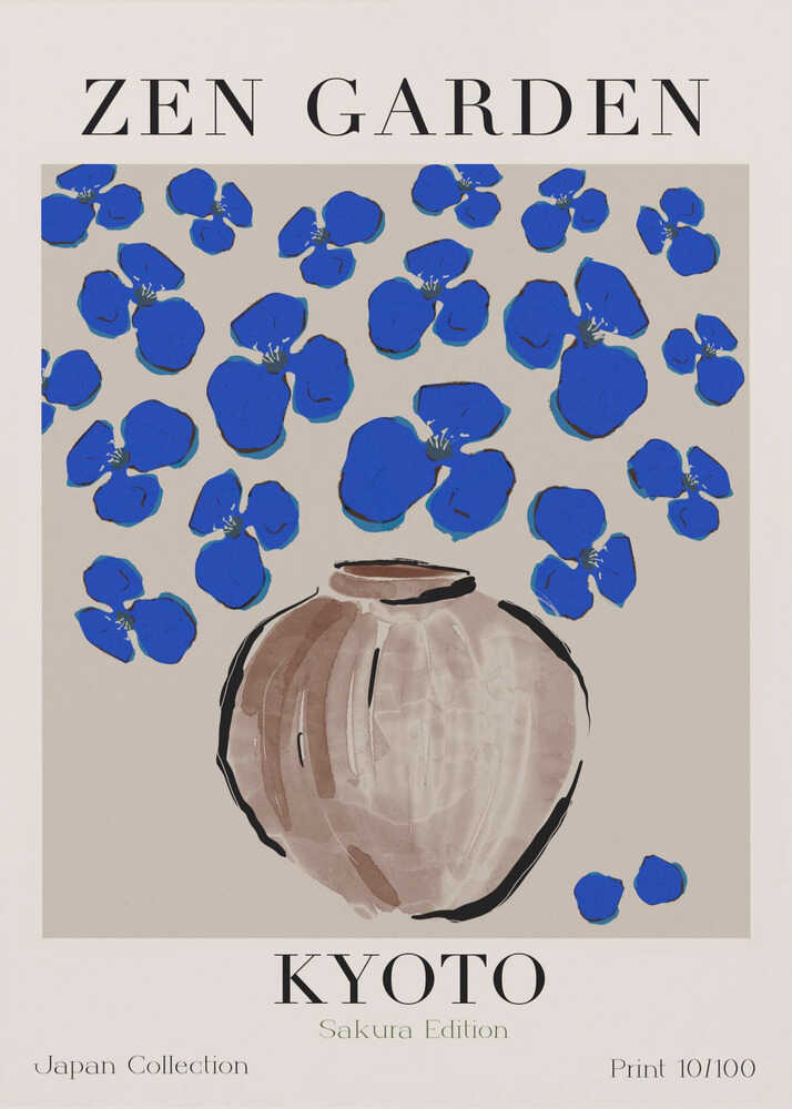 Zen Garden Kyoto poster with a pale vase and blue flowers