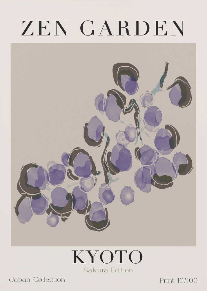 Zen Garden Kyoto poster with purple clusters on a grey ground