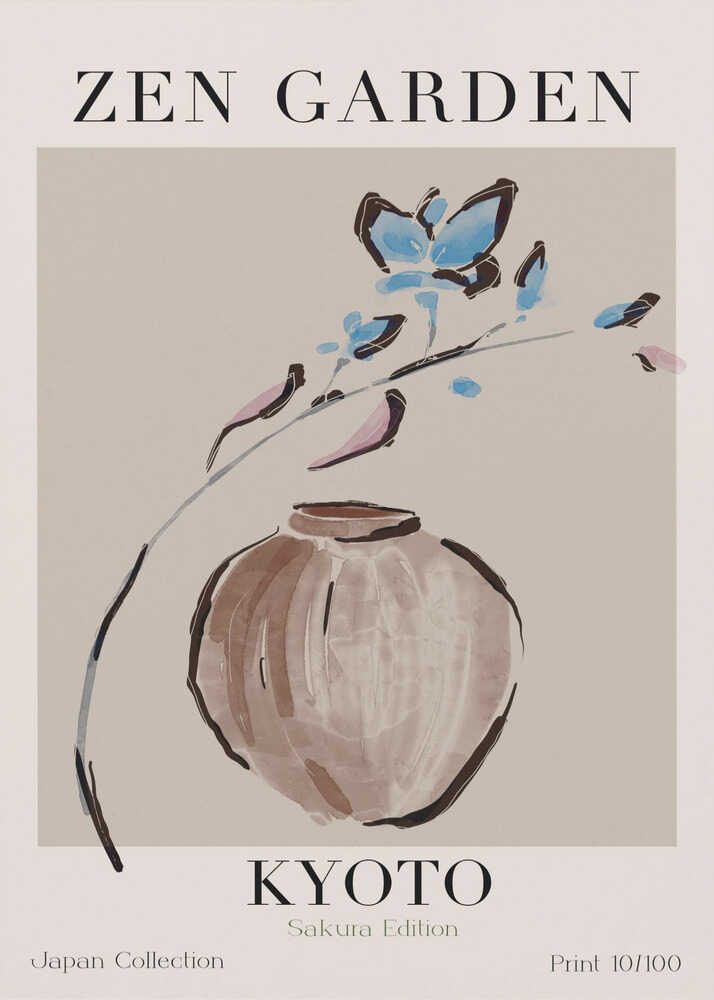 Zen Garden Kyoto poster with a pale vase and a blue flowering branch